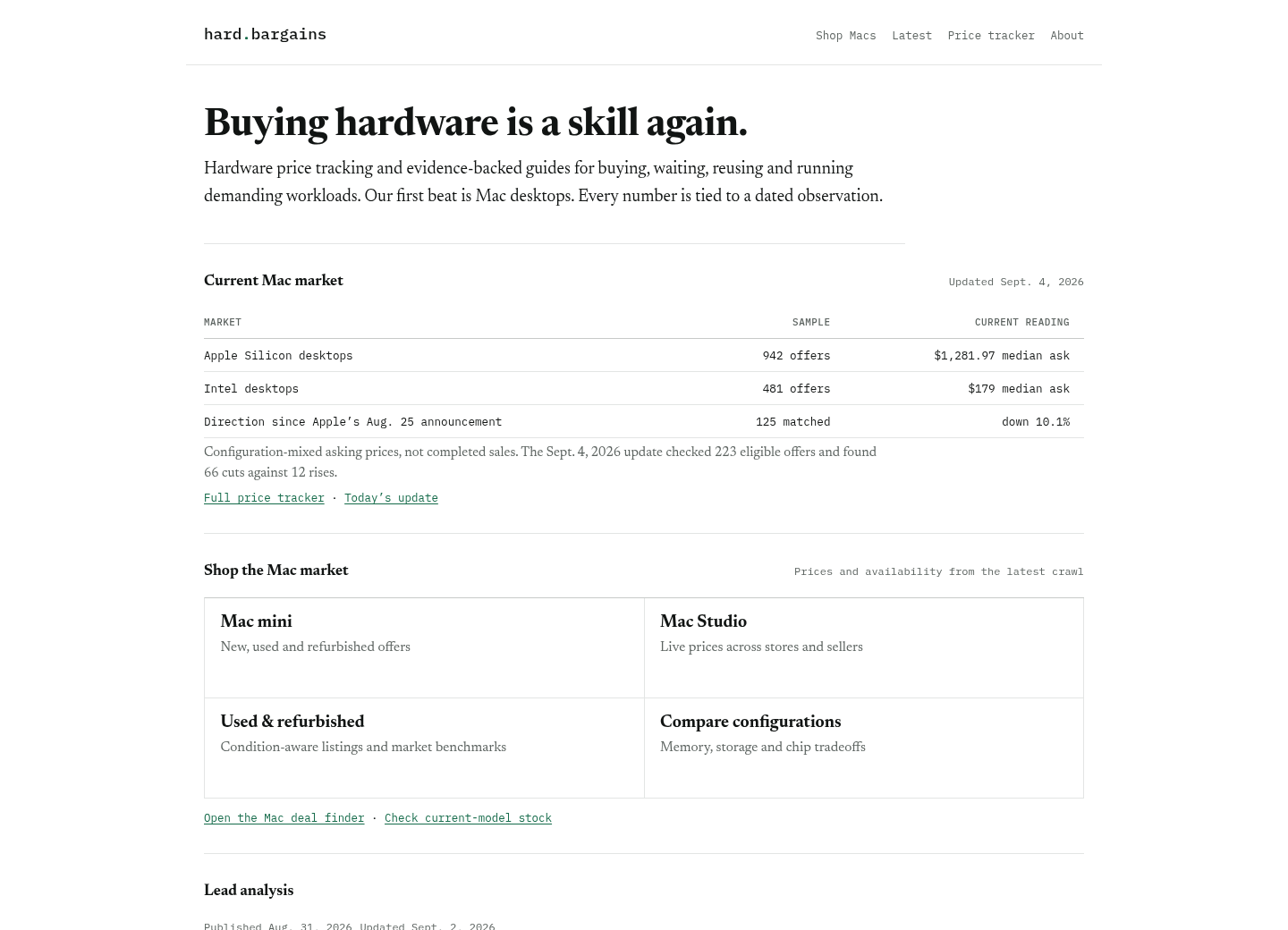 Hard Bargains: a capture of the public website showing its editorial presentation and reader tools.