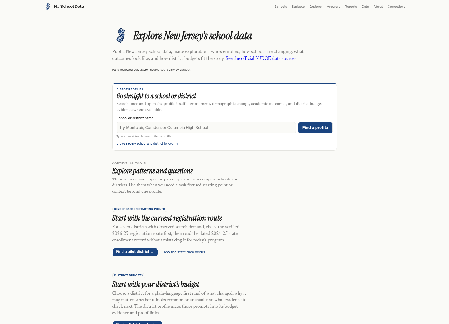 NJ School Data: a capture of the public website showing its editorial presentation and reader tools.